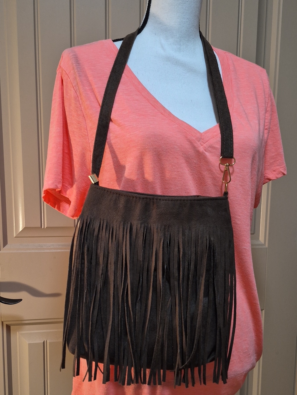 Fringed Suede Crossbody Bag - Dark Brown